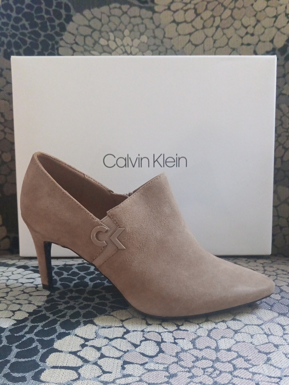 Calvin Klein Taupe Suede Pointed-Toe Ankle Booties with 3" Stiletto Heel